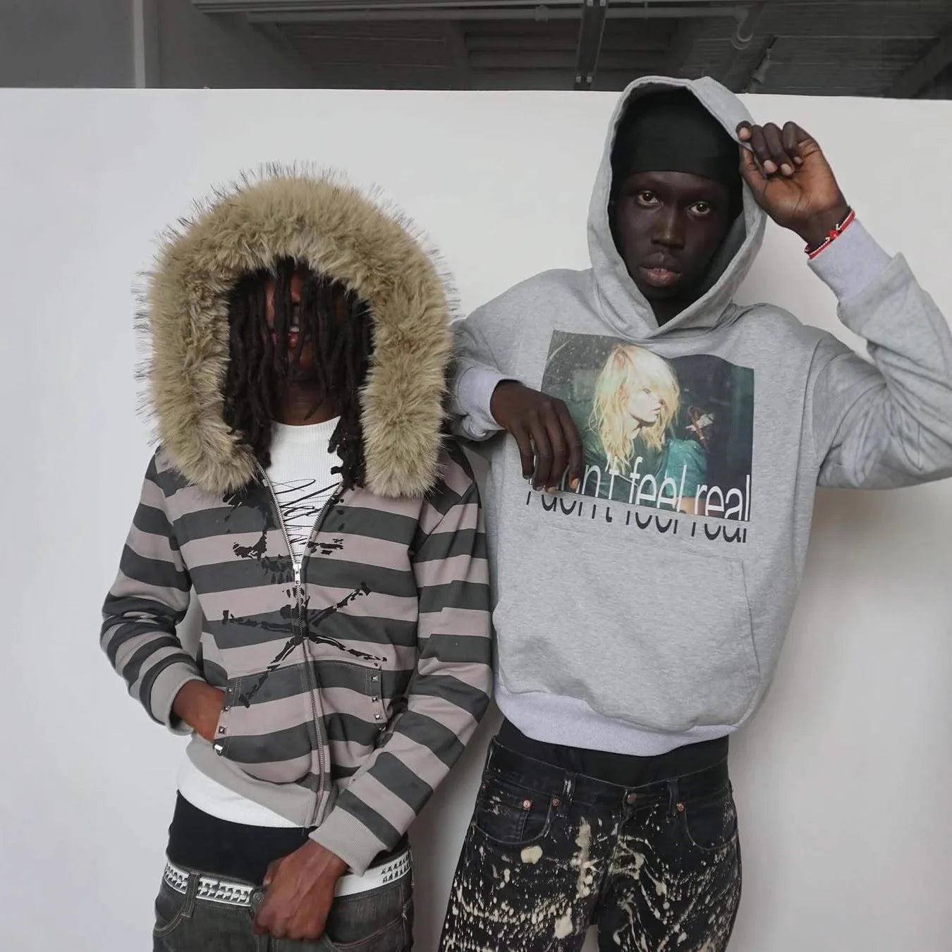 Hoodie with leather collar suitable both men and women striped printed long sleeved loose hooded sports hoodie punk Y2K daily