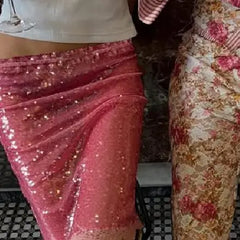 Women's Fashion Midi Skirts Sequins Lace Trim Low Waist Skirts Summer Fashion Bodycon Skirts