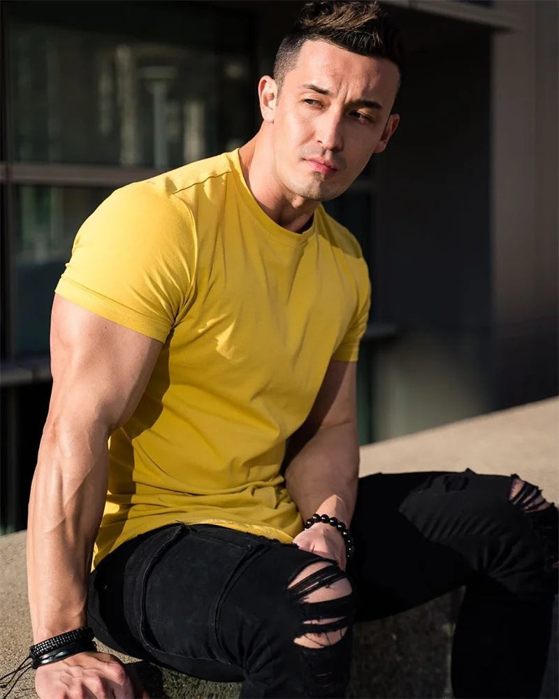Muscle Training T-shirt Men's Summer Workout Short Sleeve T-shirt High Quality Cotton Fitness Men T-shirt Gym Solid Color Tops