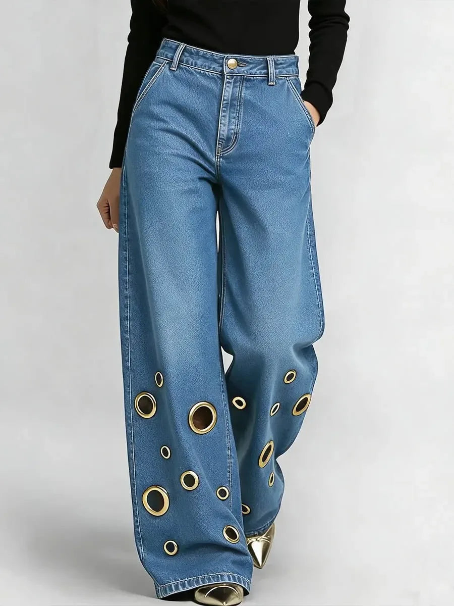 Women's High Waist Wide Leg Jeans with Gold Eyelets Vintage Baggy Denim Pants, Y2K Streetwear Hollow Out Trousers Ladies Jeans