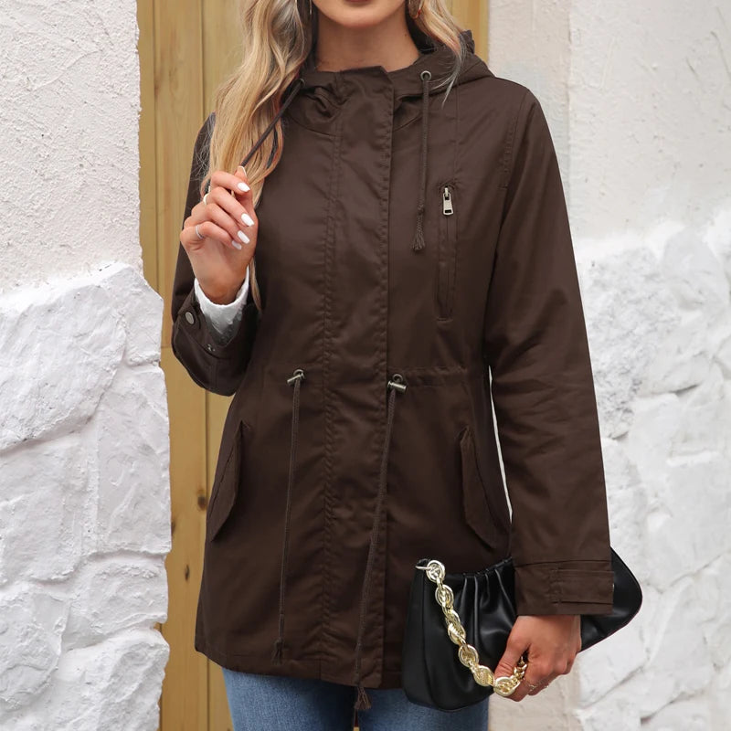 Women's Hooded Trench Coat Spring Autumn Fitted Solid Color Jacket for Daily Outdoor Camping Hiking