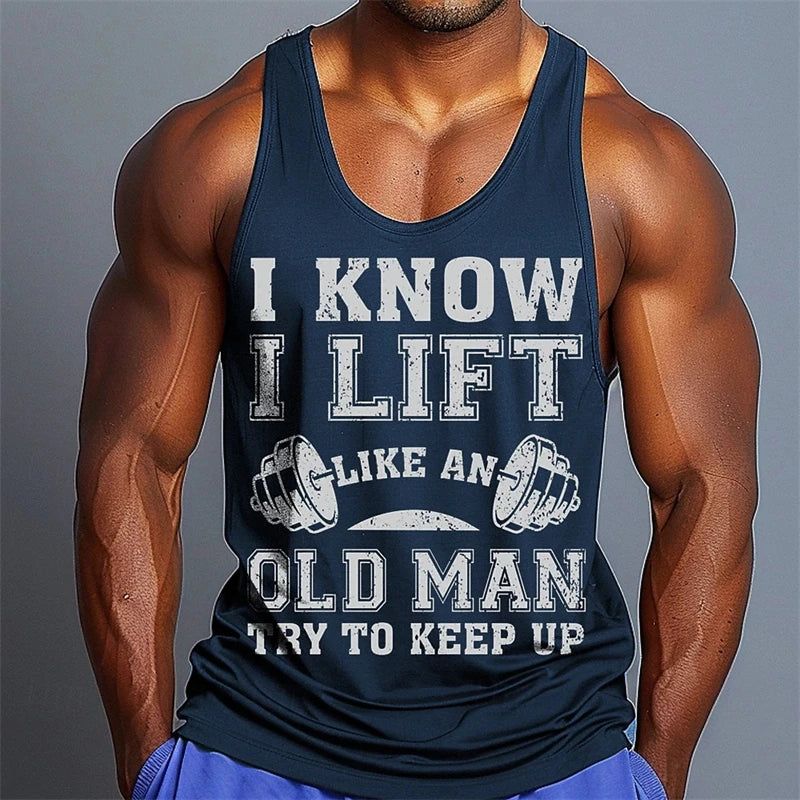 Men I Know I Lift Like An Old Man Graphic Tank Top, Sleeveless Gym Workout Muscle Vest, Casual Fitness Sports Tank Shirt
