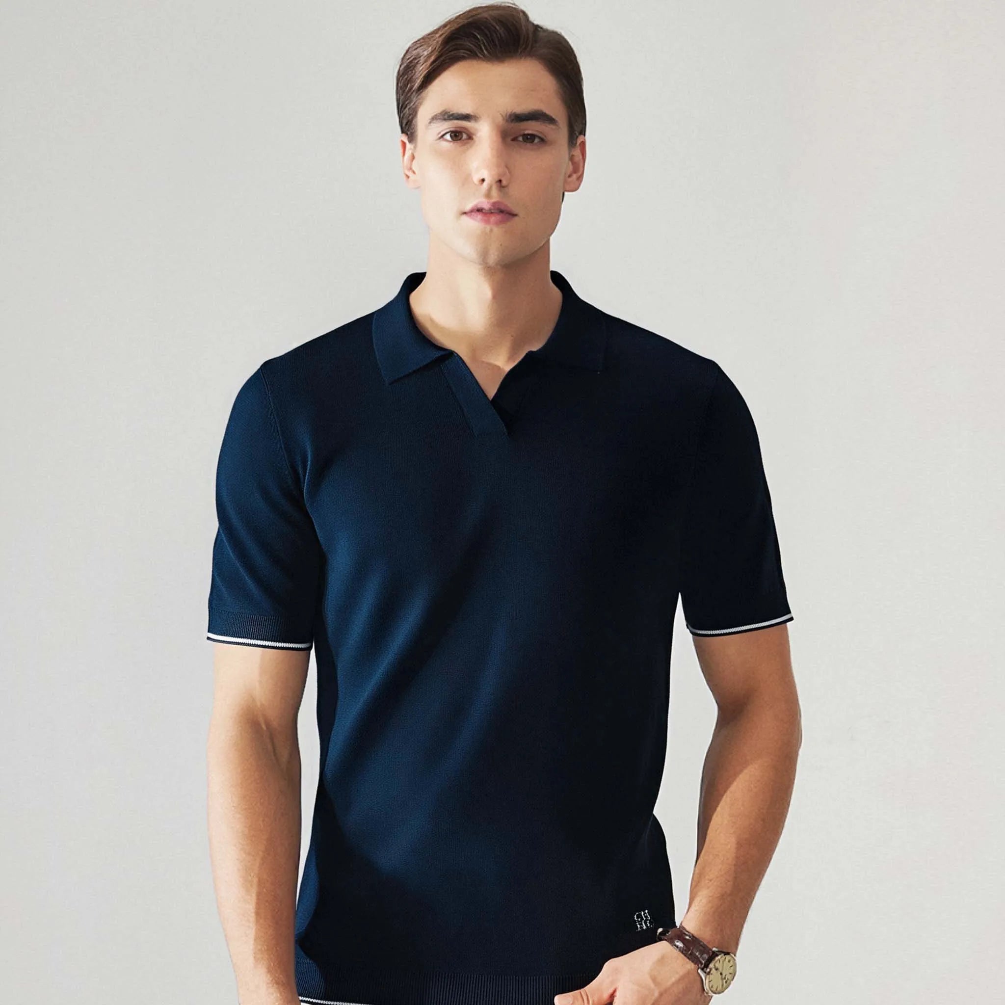 V Neck Embroidered Casual Polo