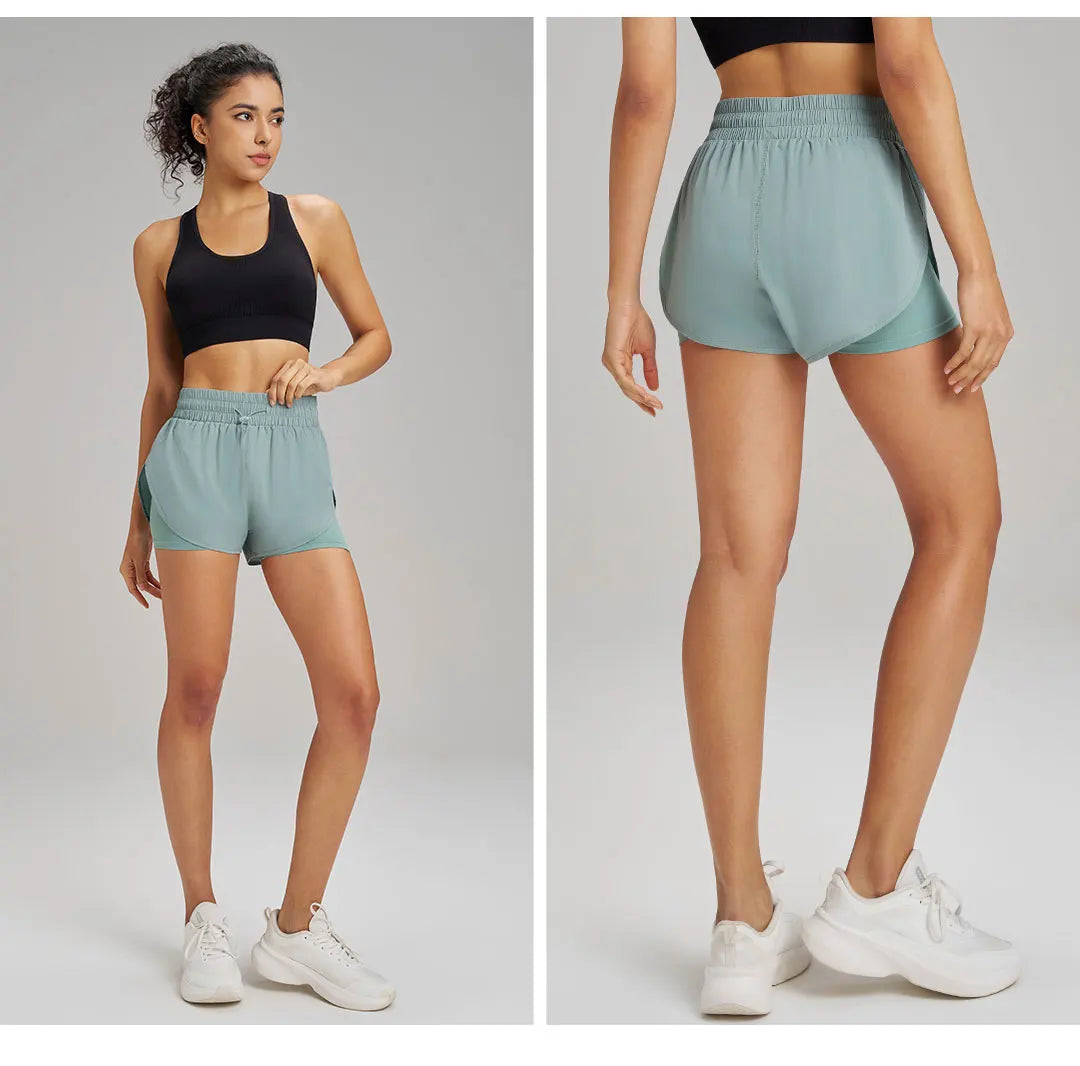 Yoga Shorts Sports Fitness Shorts High Waist Running Fake Two Pieces Anti-Shine Shorts Women's Double Layer Training Leggings