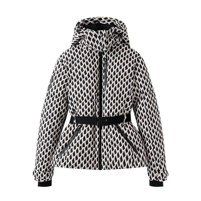 Women's Winter Hooded High Waist Padded Sport Parkas Coats with Belt Female Elegant Thick Warm Pockets Windproof Skiing Jackets