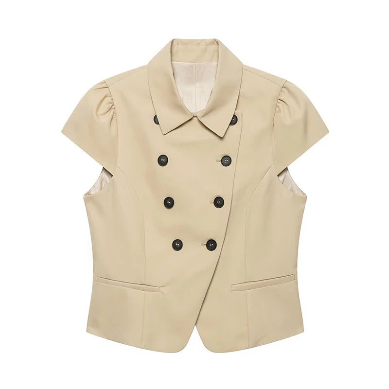 Women's Jacket 2026 New Fashion Double-Breasted Short-Sleeve Slim Jacket for Women Summer Ladies Outerwear Casaul Chic Women Top