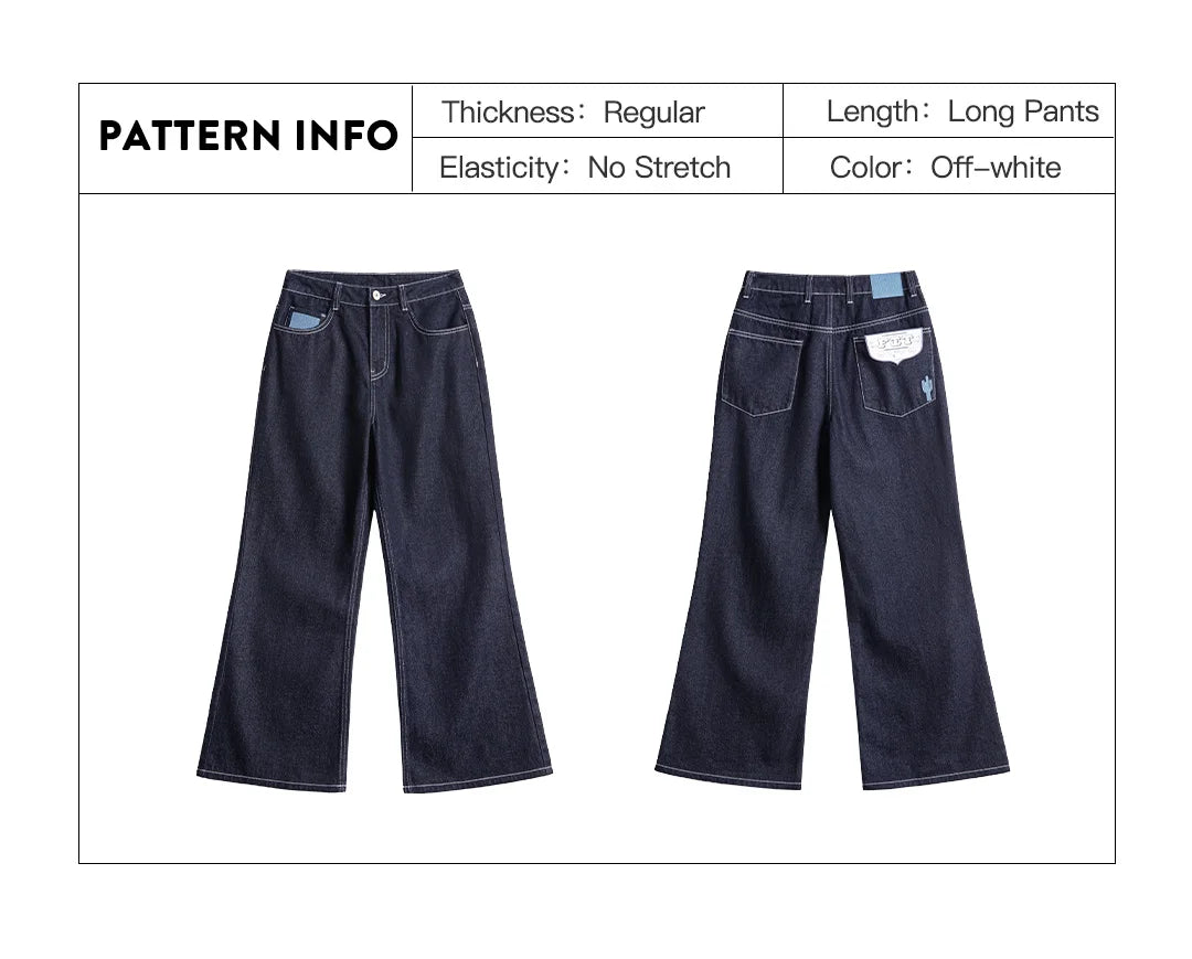Maden Women's Vintage 12.4oz Washed Denim Jeans Straight Wide-Leg Casual Loose Fit Blue Trousers For Spring and Fall Streetwear