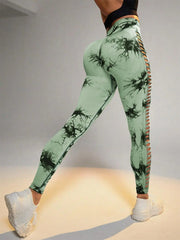 Women's Sporty Tie-Dyed Side-Cut Yoga Pants, Fashionable High-Waisted Hip-Lifting Sports Pants, Seamless Stretch Tight Pants
