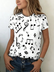 Women T-Shirt  Music Note Print Short Sleeve Crew Neck Casual Loose Fit Casual Top Spring Summer Daily Streetwear Versatile Top