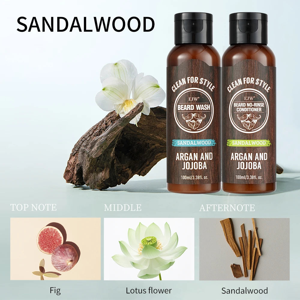 EJW Beard Care Set, Sandalwood Beard Shampoo and Beard no-rinse conditioner- Softens & Strengthens Beard, with Argan and Jojoba.