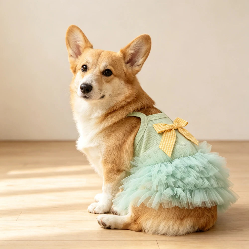 1pc Summer breathable pet dress, paired with checkered bow camisole skirt, sleeveless vest, cat and dog clothing
