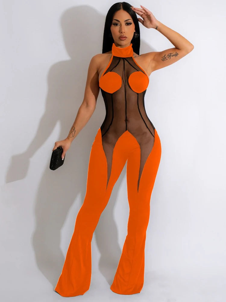 Sheer Lace Halter Flare Jumpsuit