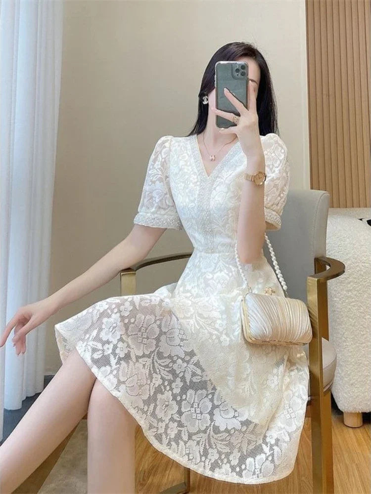 Elegant White Lace Puff Dress