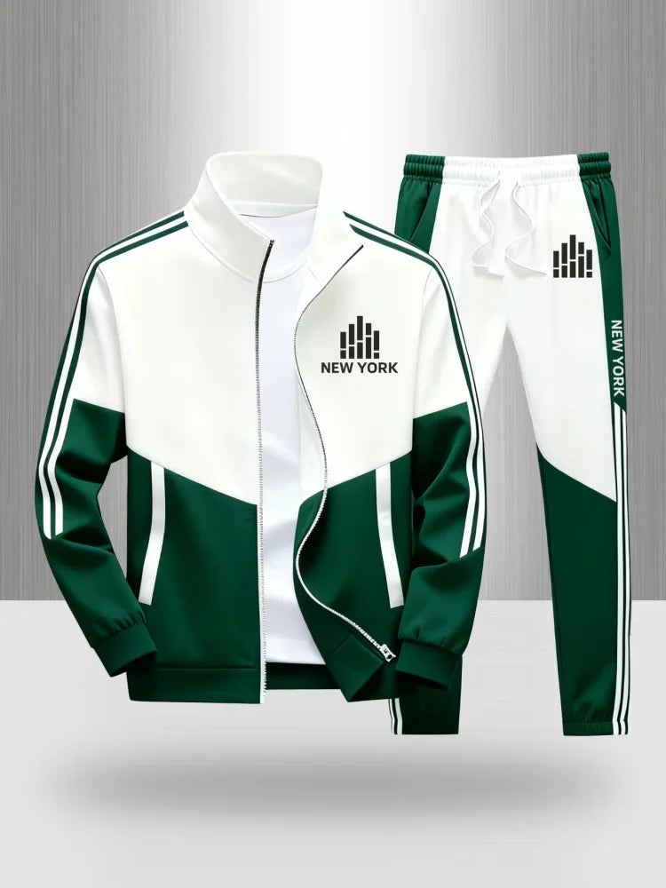 Tracksuit Men's New York Print 2 Piece Set Sportswear Color Block Zip Up Jacket and Jogger Pants Casual Striped Athletic Outfit