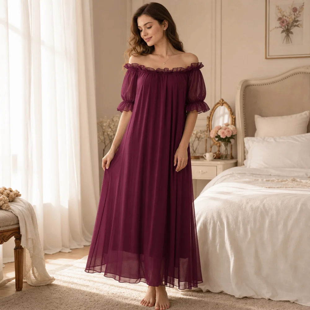 Home Dress Off Shoulder Sheer Nightgown V-neck Ruffle Mesh Nightdress Transparent Short Sleeve Long Sleeping Dress Sleep