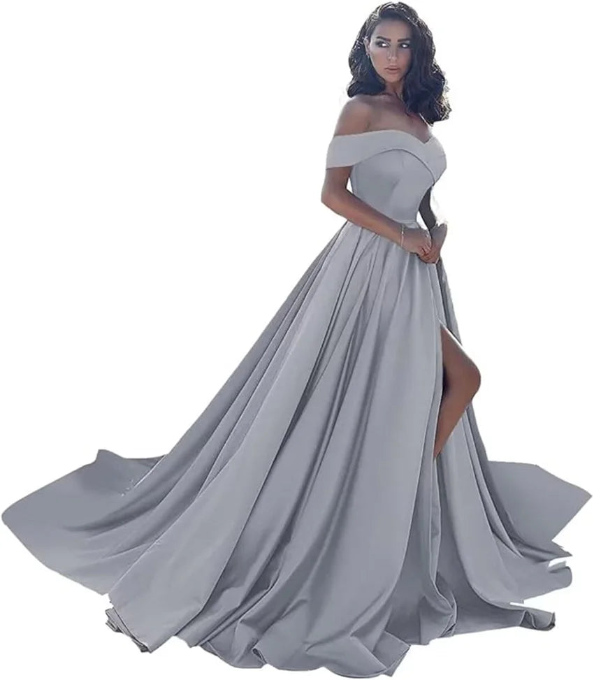 Simple Off Shoulder Satin Evening Gown