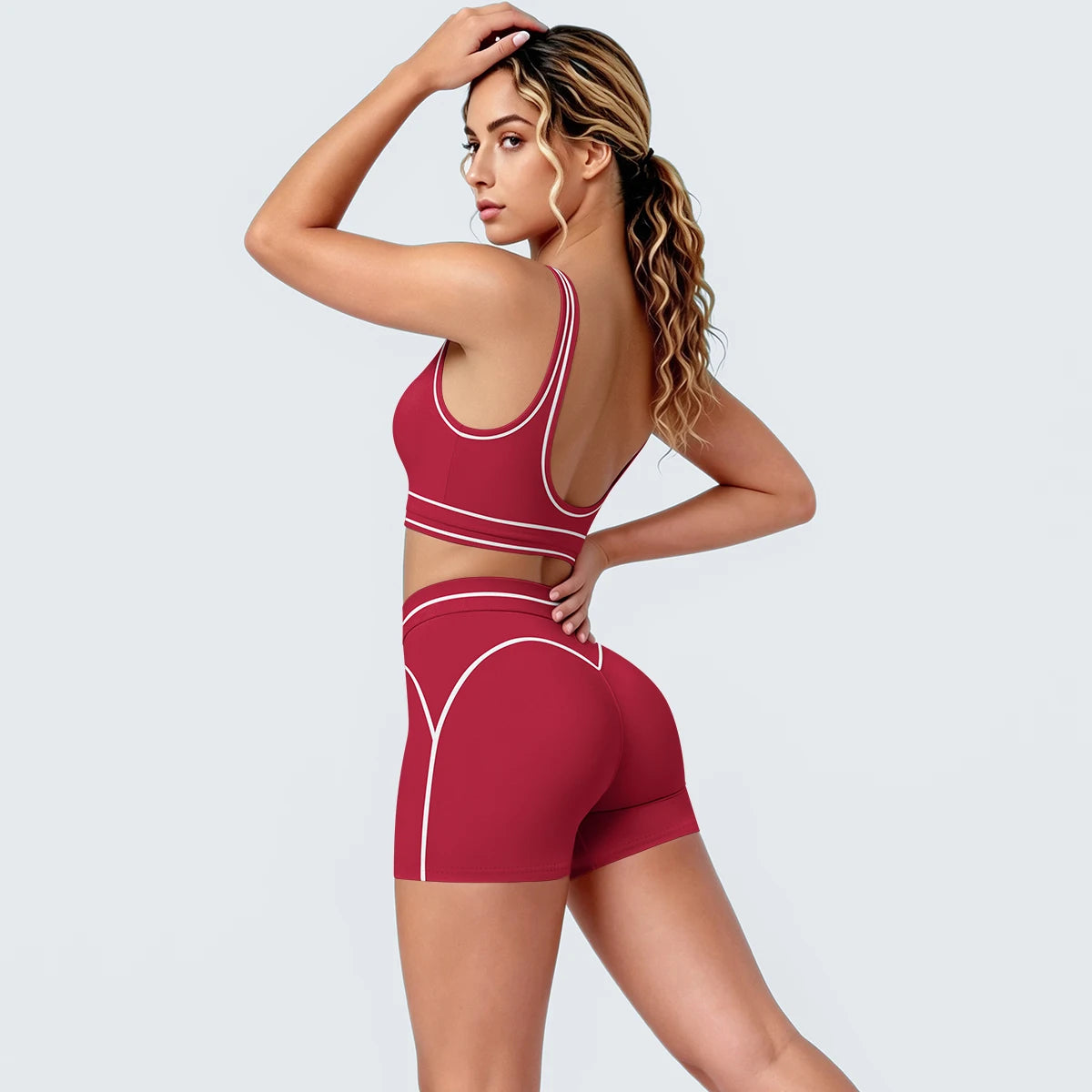 New Woman Yoga Set Color Blocking Sexy Sport Bra Yoga Underwear with Chest Pad High Waist Stripe Running Fitness Shorts Yoga Set