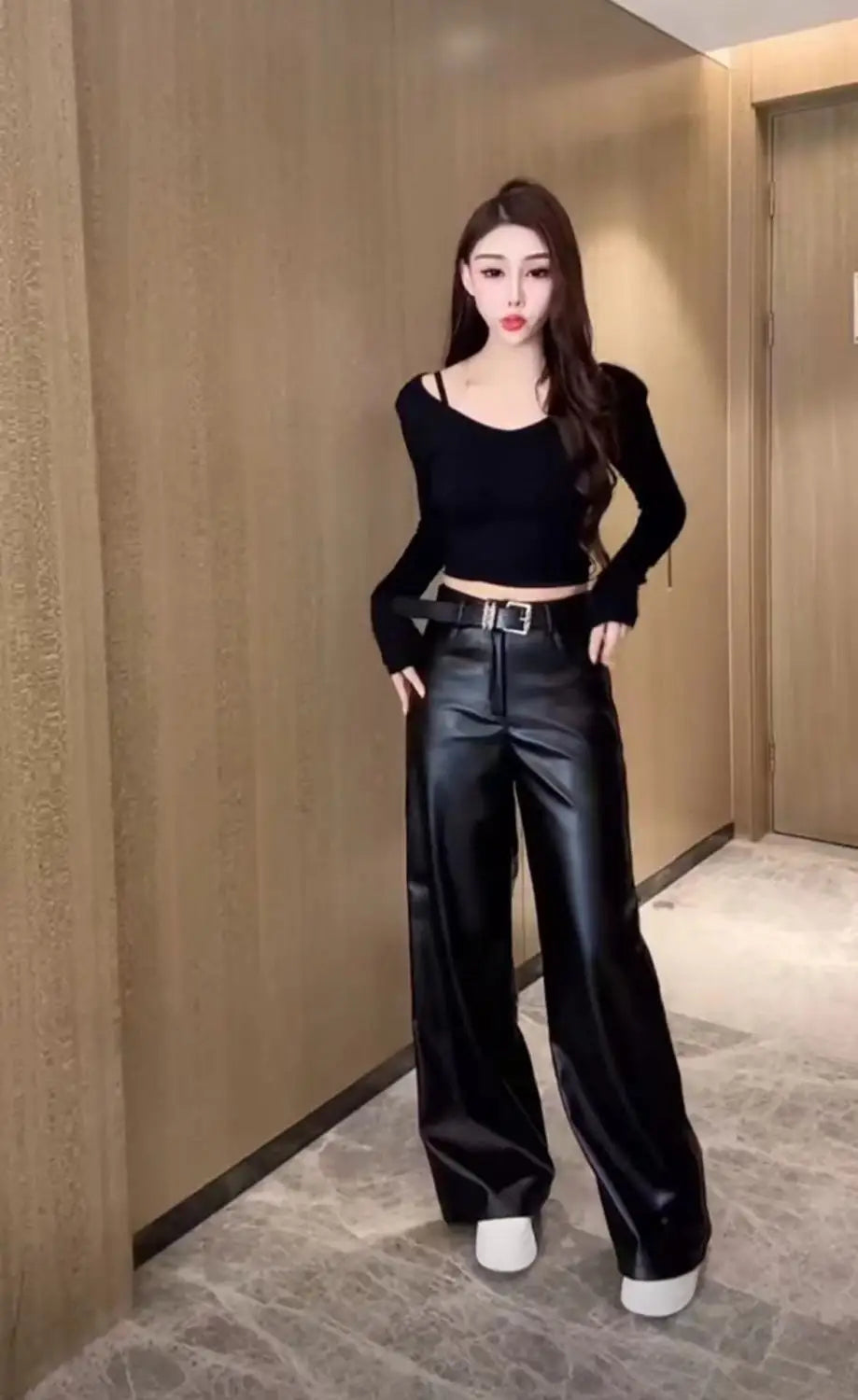 Black PU Leather Flare Pants