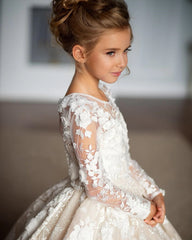 Elegant Customized Flower Girl Dress For Wedding Lace Full Sleeves Floor Lenght Kids Birthday Party First Communion Ball Gowns