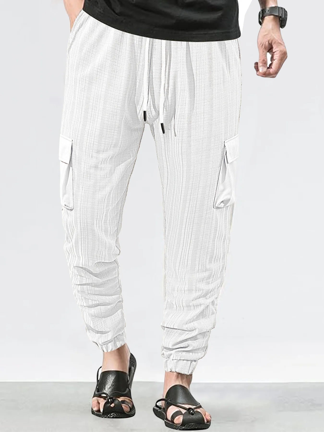 Men's Grid Cargo Joggers Drawstring Elastic Waist Multi Pocket Casual Ankle Length Trousers