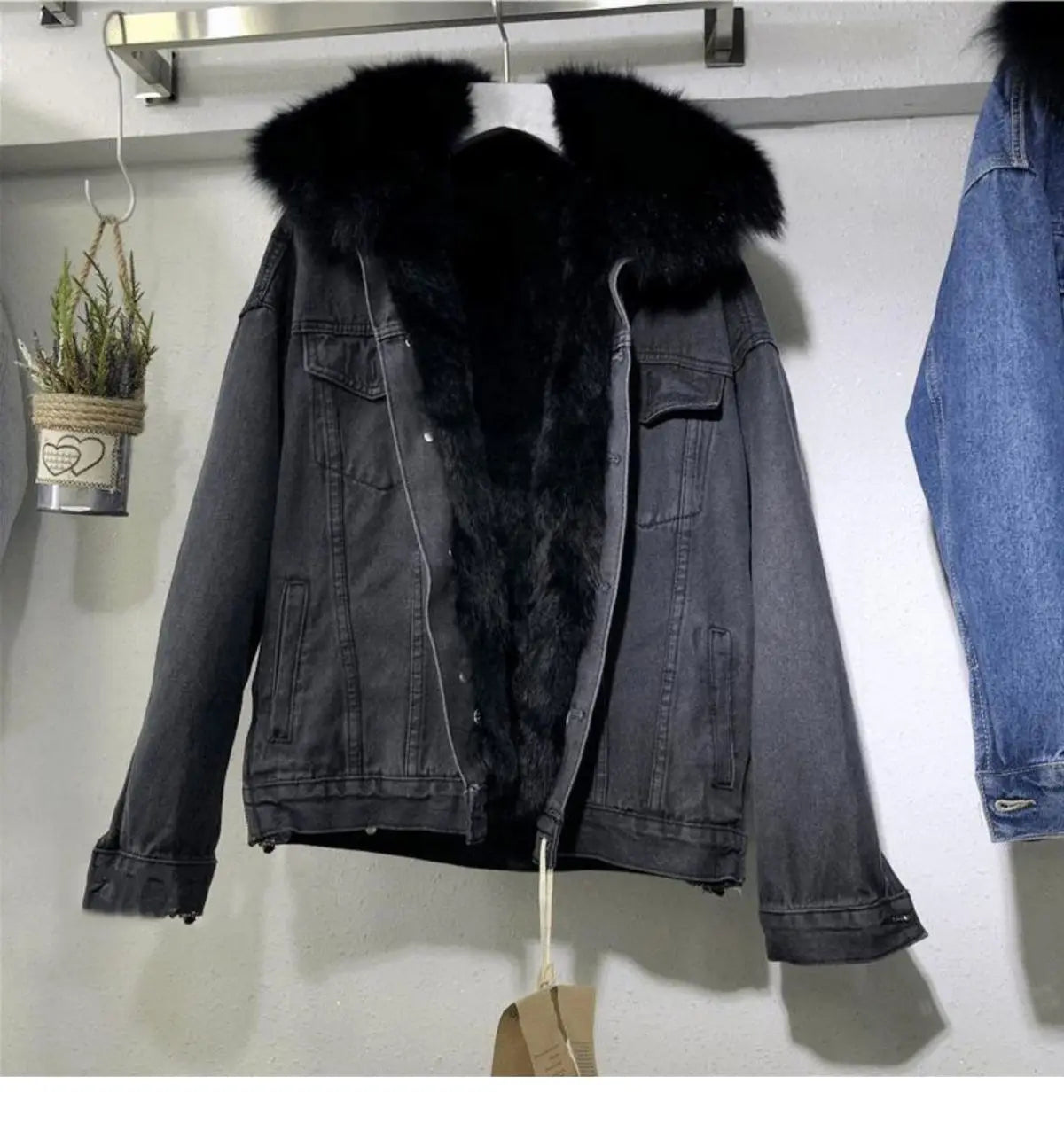 Winter Warm Coats Big Fur Collar Denim Jacket Women Basic Coat Female Cold Motorcycle Outerwear Fleece Thick Padded Overcoat