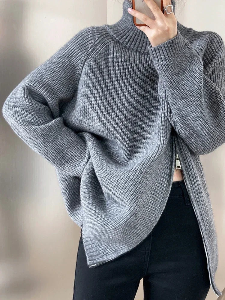 Oversized Zip Turtleneck Knit Sweater