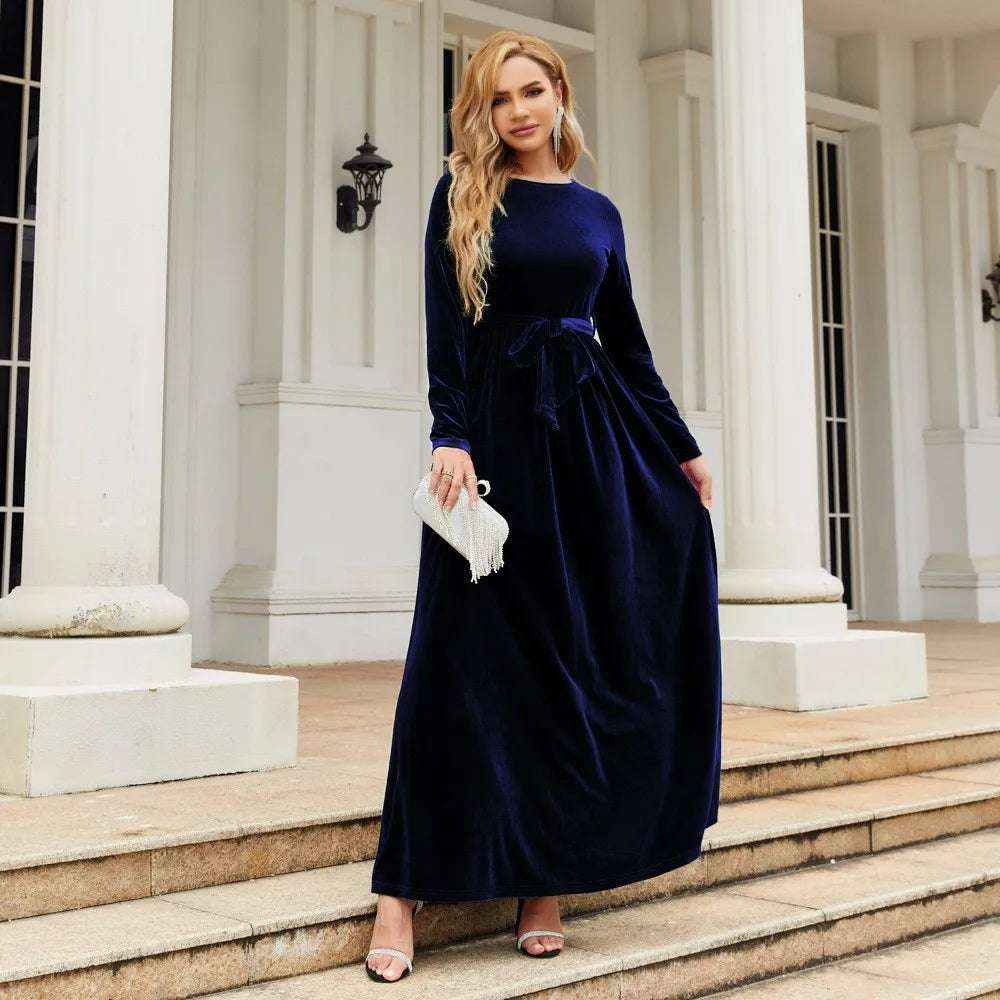 Women's Elegant A-Line Velvet Dress for Wedding Guest Prom Party Wedding Party, Long Sleeve Round Neck Belted Full Skirt