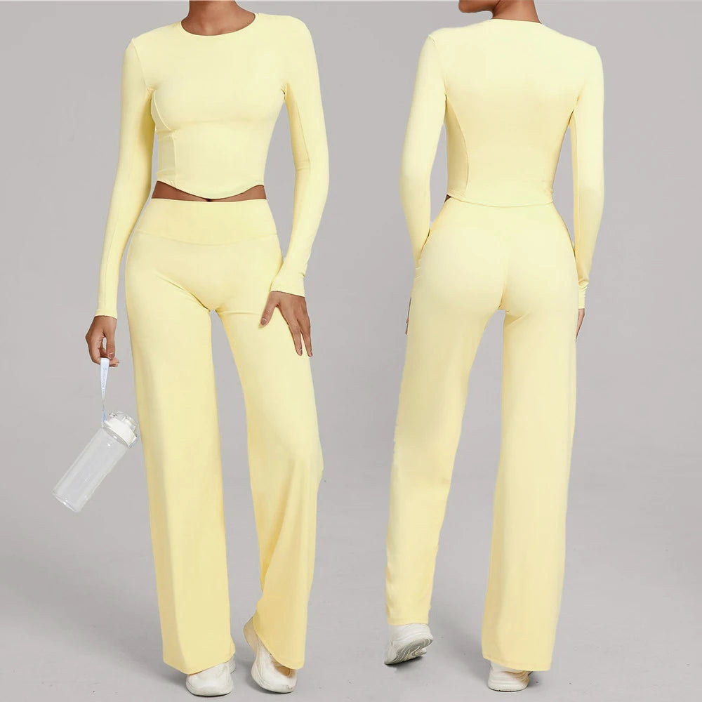 2PCS Yoga Set Women Yoga Pant Workout Tracksuit Sportswear Gym High Waist Straight Leg Bottoms Fitness Bta Sports Suit XP01