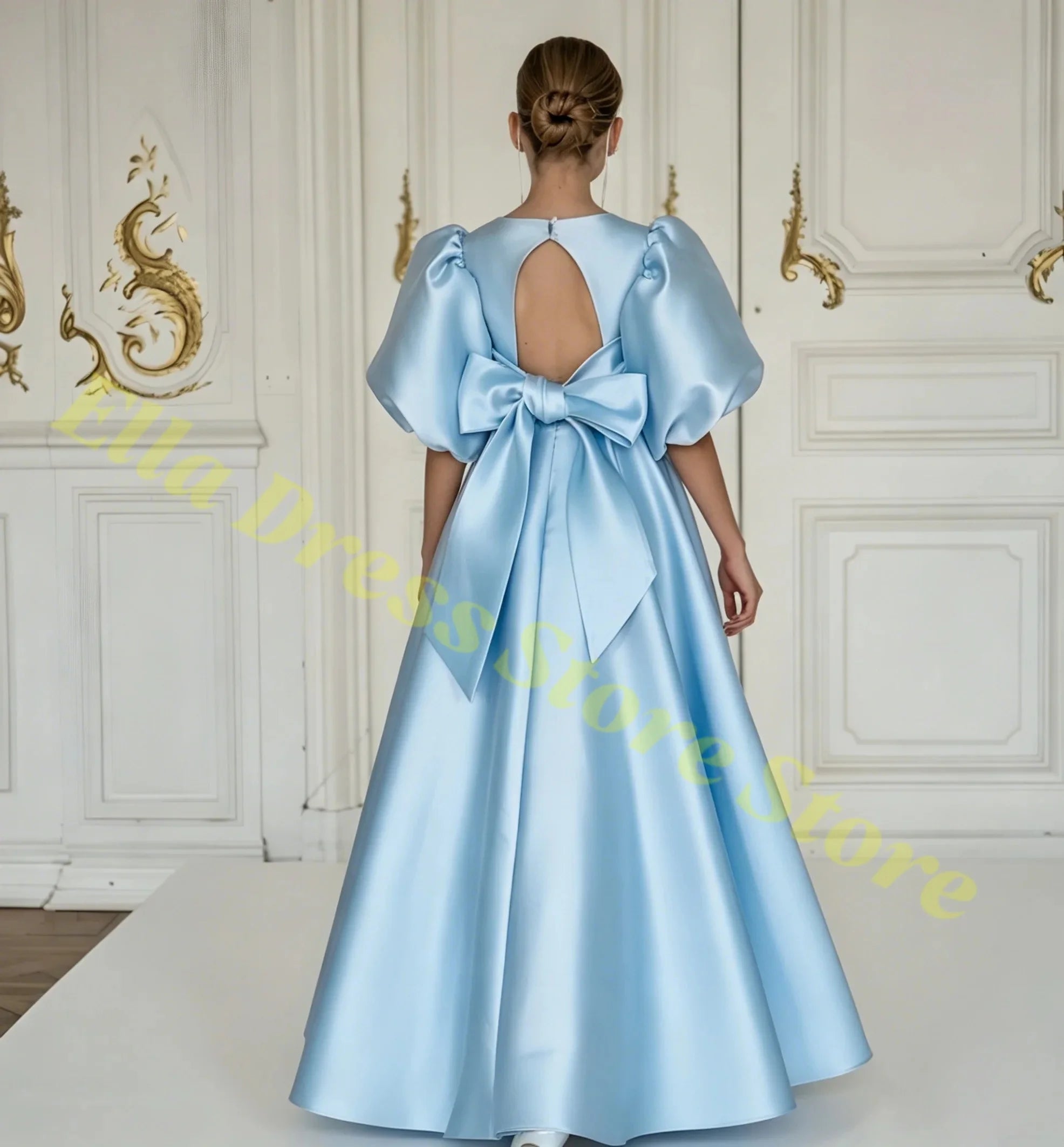 Elegant Girls Wedding Party Dress Satin Flower Girl Dress Bows Half Sleeves Formal Gala Dresses for Bridesmaid Dress Wholesale