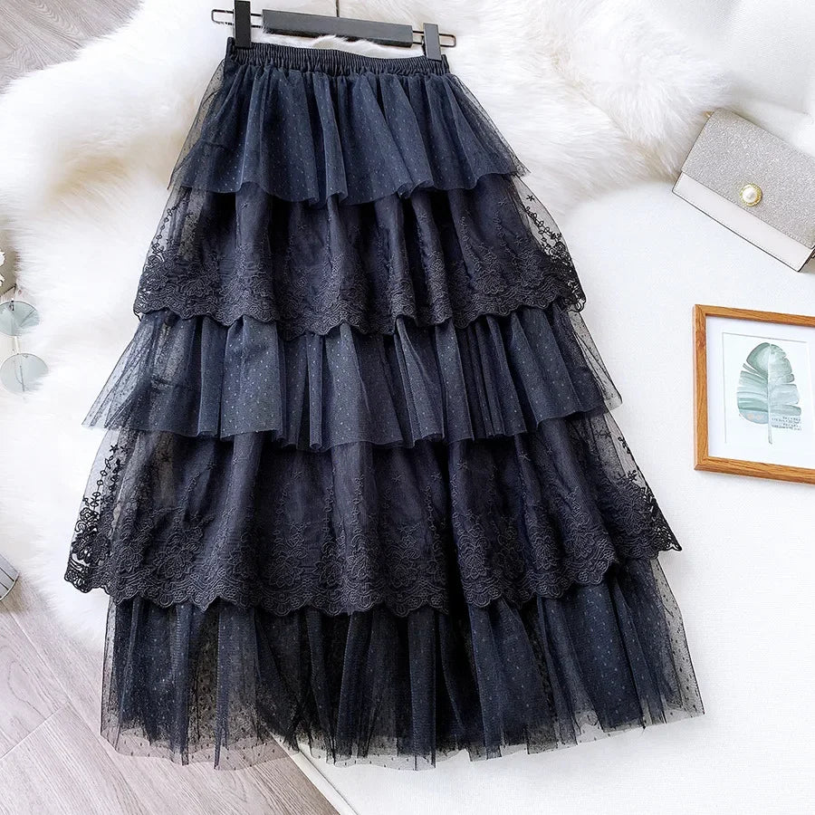 Women Skirts Cake-Style Skirt Spring Summer Fashion Lace Skirts Ladies High-Waisted Slimming Long Lace Skirt Elegant Tulle Skirt