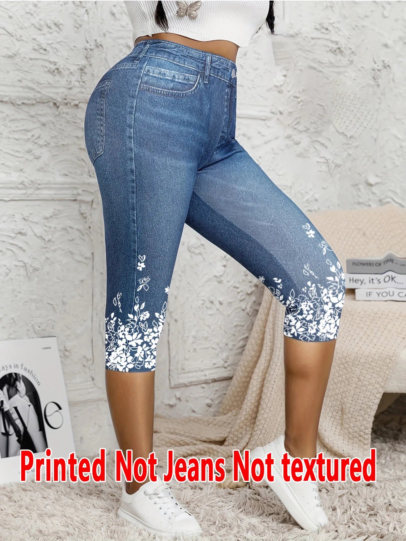 5898 [Printed Leggings - Not Denim Fabric]Ladies' Seven-Point Leggings with a Faux Denim Print, Form-Fitting Pants