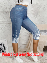 5898 [Printed Leggings - Not Denim Fabric]Ladies' Seven-Point Leggings with a Faux Denim Print, Form-Fitting Pants