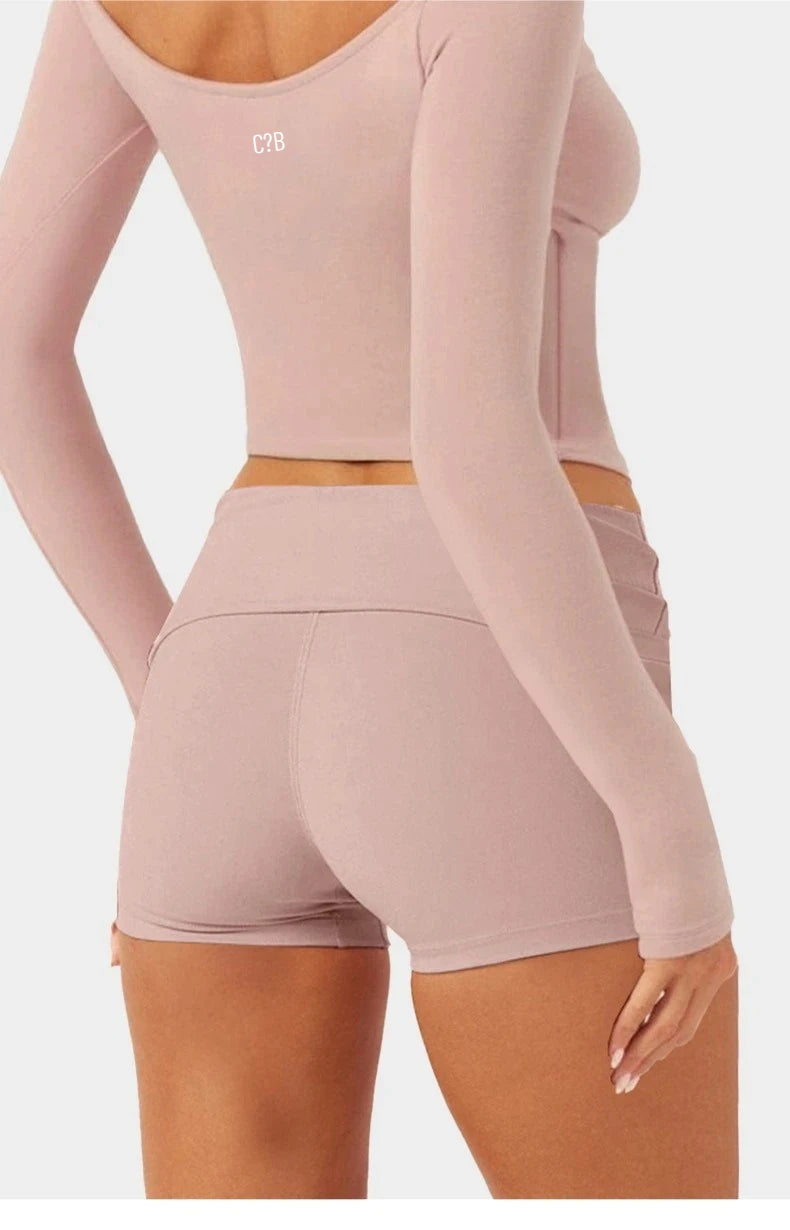 C-B Women's Yoga Set: Long-sleeved V-neck T-shirt & High-waisted Cuffed Shorts & Leggings, Suitable for Gym Workouts.