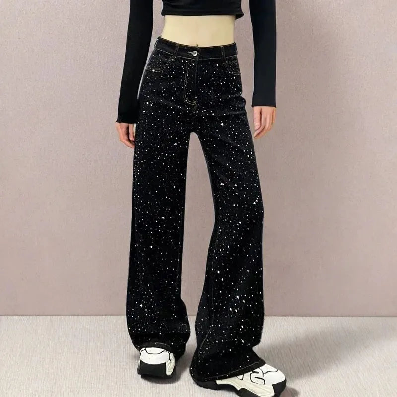 New Female Black Jeans Are Cool Studded With Diamonds. Casual Denim Trousers High-waisted, Straight-leg Wide-leg Pants Women's