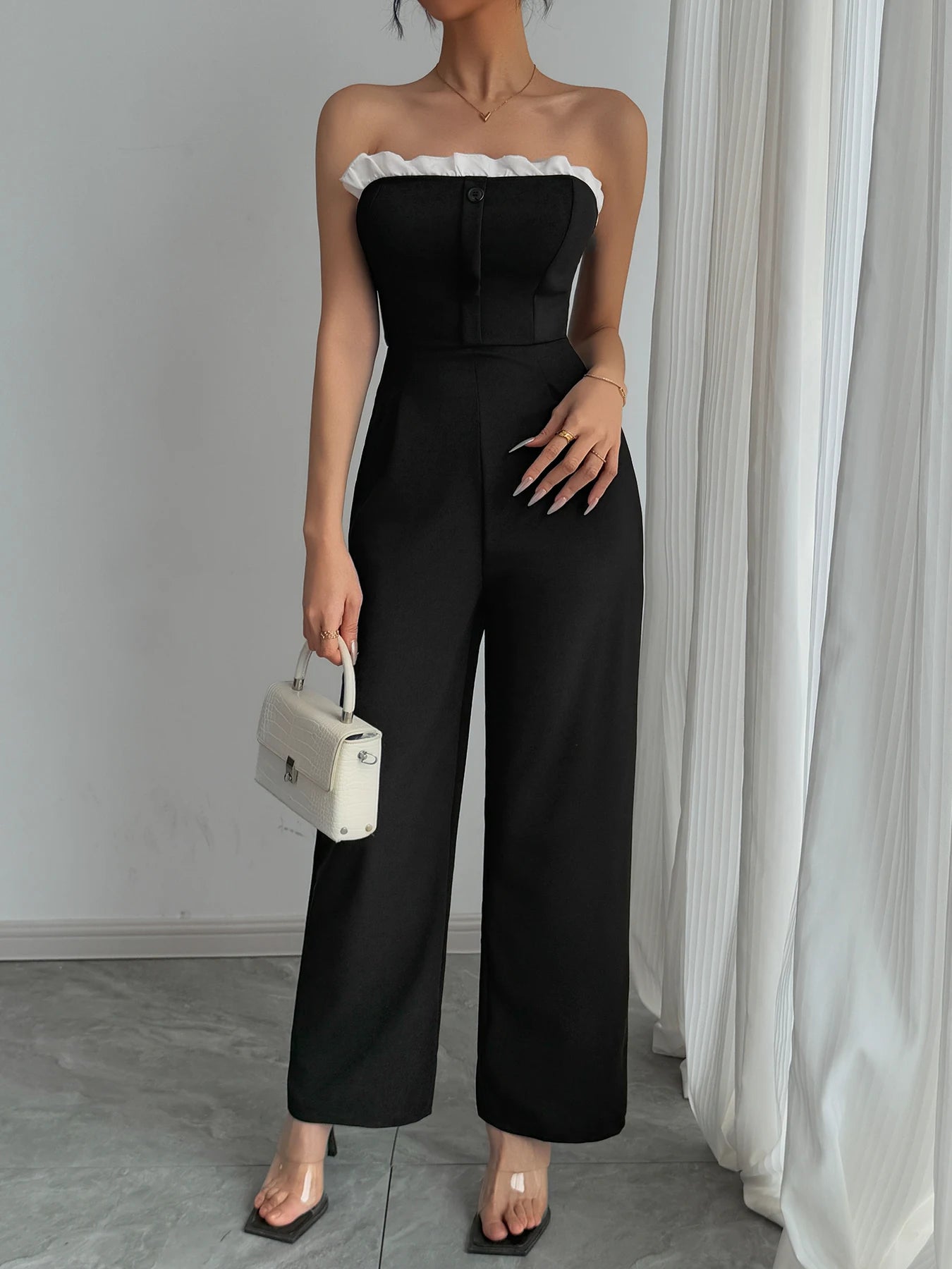 Jumpsuit Spring Summer Women Black Strapless White Ruffle Trim Wide Leg Chic Elegant Daily Date Party Jumpsuit