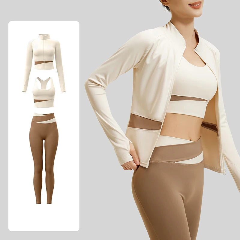 Women's Color Block 3 Piece Yoga Set with Thumb Hole Running Waist Cincher Slim Fit Workout Set Lightweight Pilates Clothes
