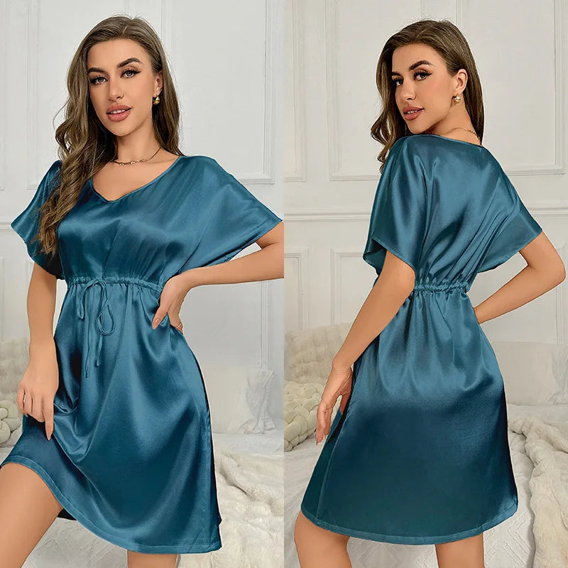V-Neck Nightdress Loungewear Women Sleepwear Morning Gown Lingerie Sleepdress Robe Summer Nightgown Silky Satin Home Dress