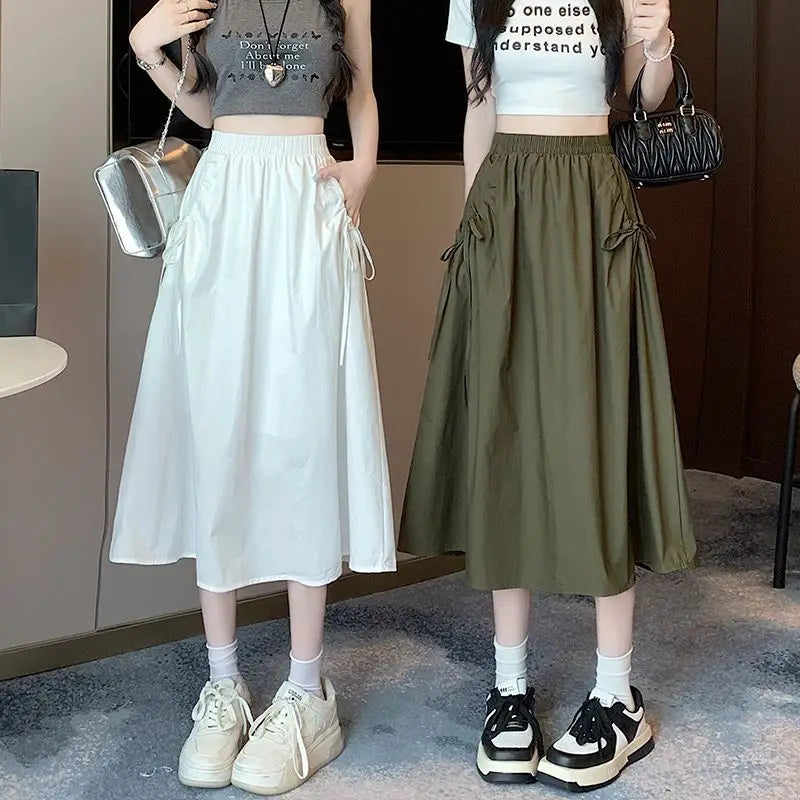 Drawstring Cargo A-Line Midi Skirt