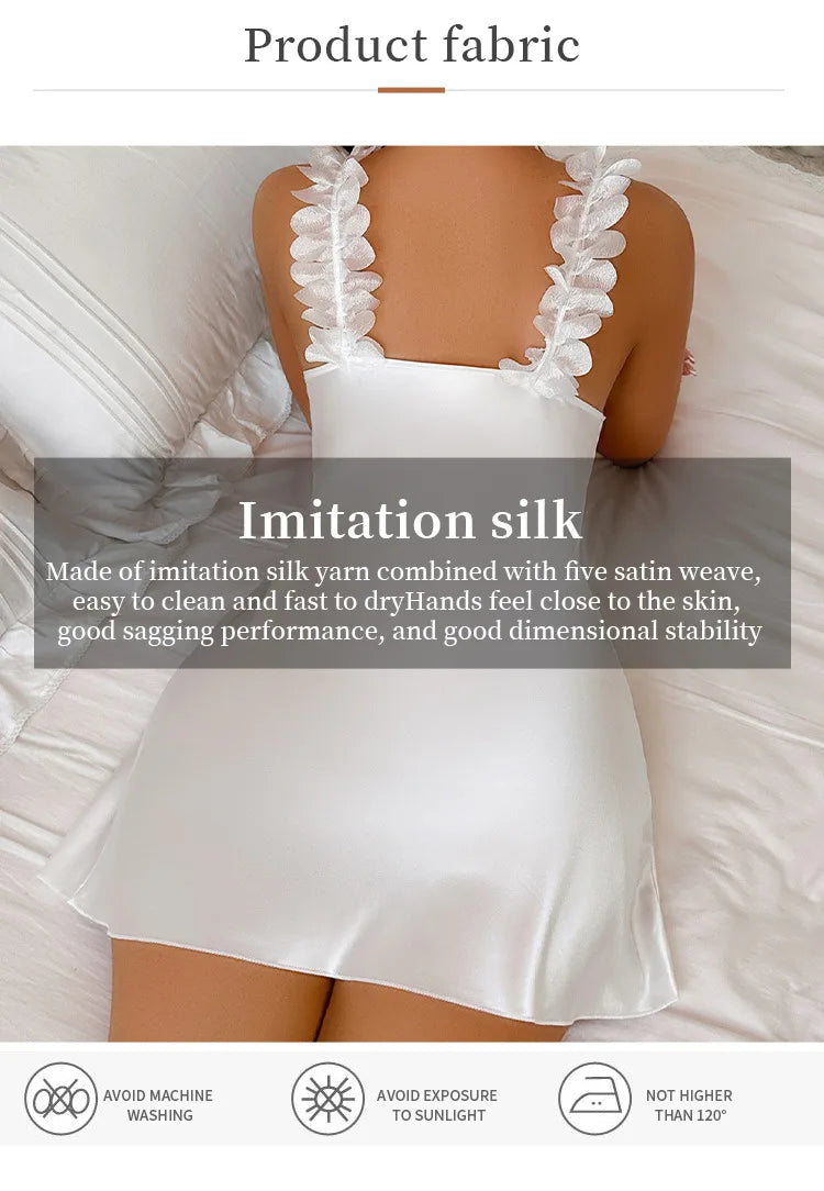 Lace Silk Satin Nightdress for Women Nightgown Summer Contrast Sensual Deep V Backless Split Slip Sleep Dress Pajamas