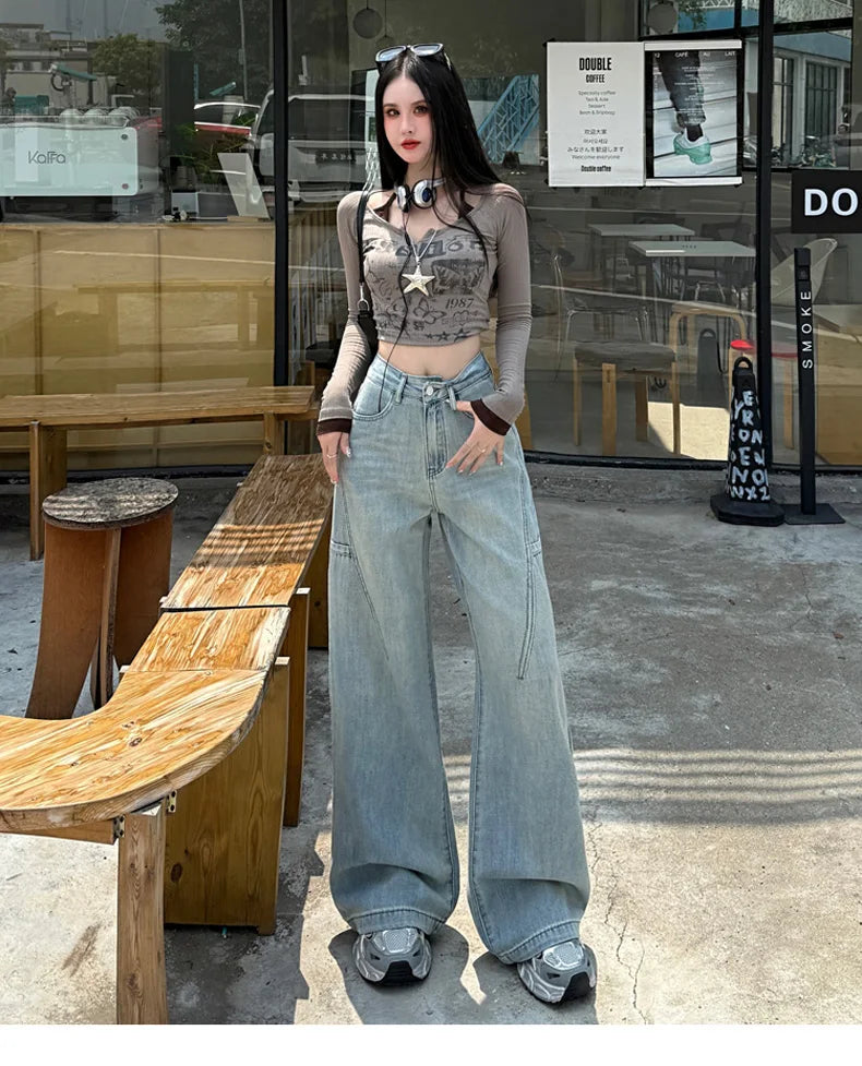 High Waisted Wide Leg Jeans Women Cotton Retro Denim Y2k Loose Fashion Design Sense Pant Streetwear Baggy Straight Trouser Woman