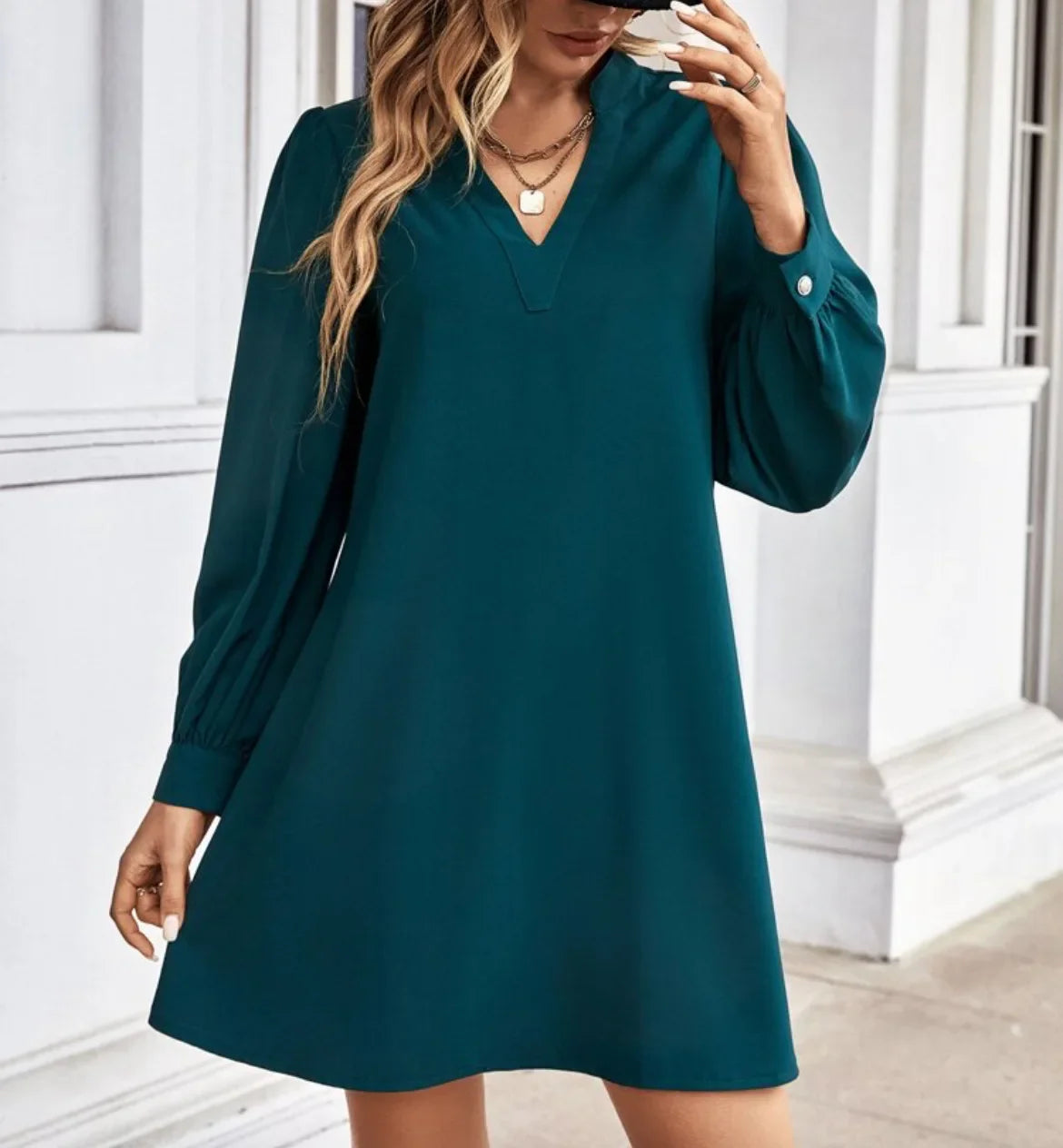 V-Neck Long Sleeve Mini Dress