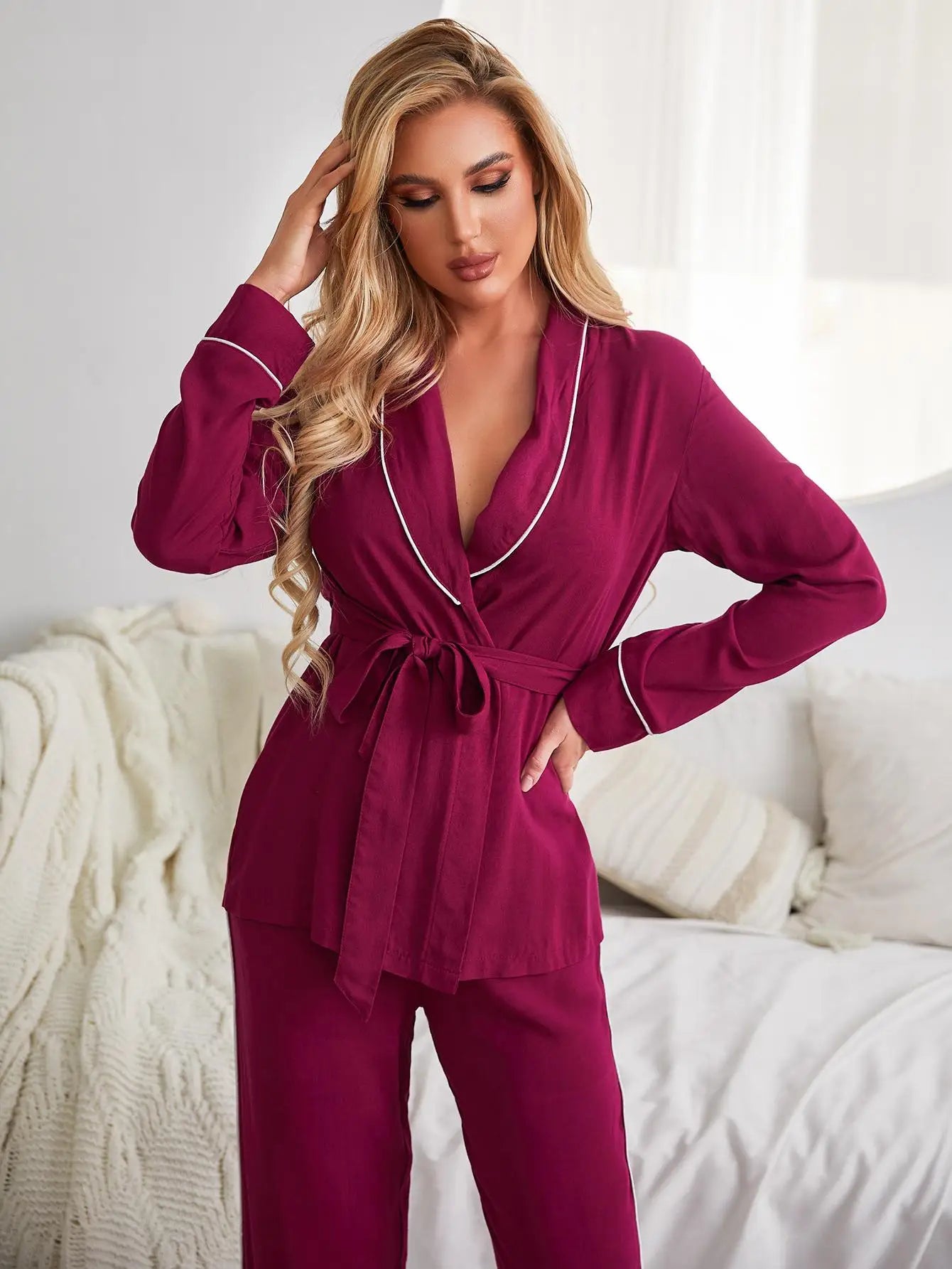 Wrap Belt V Neck Pajama Set