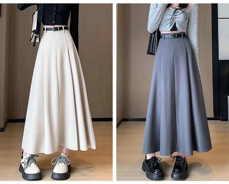 Elegant Skirts for Women Korean Style Long Skirt Female Black Pleated Midi Skirt Women's Clothing Office Lady Skirts Outfits New