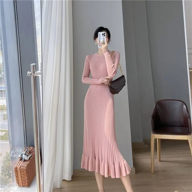 Elegant Knit Flounce Midi Dress