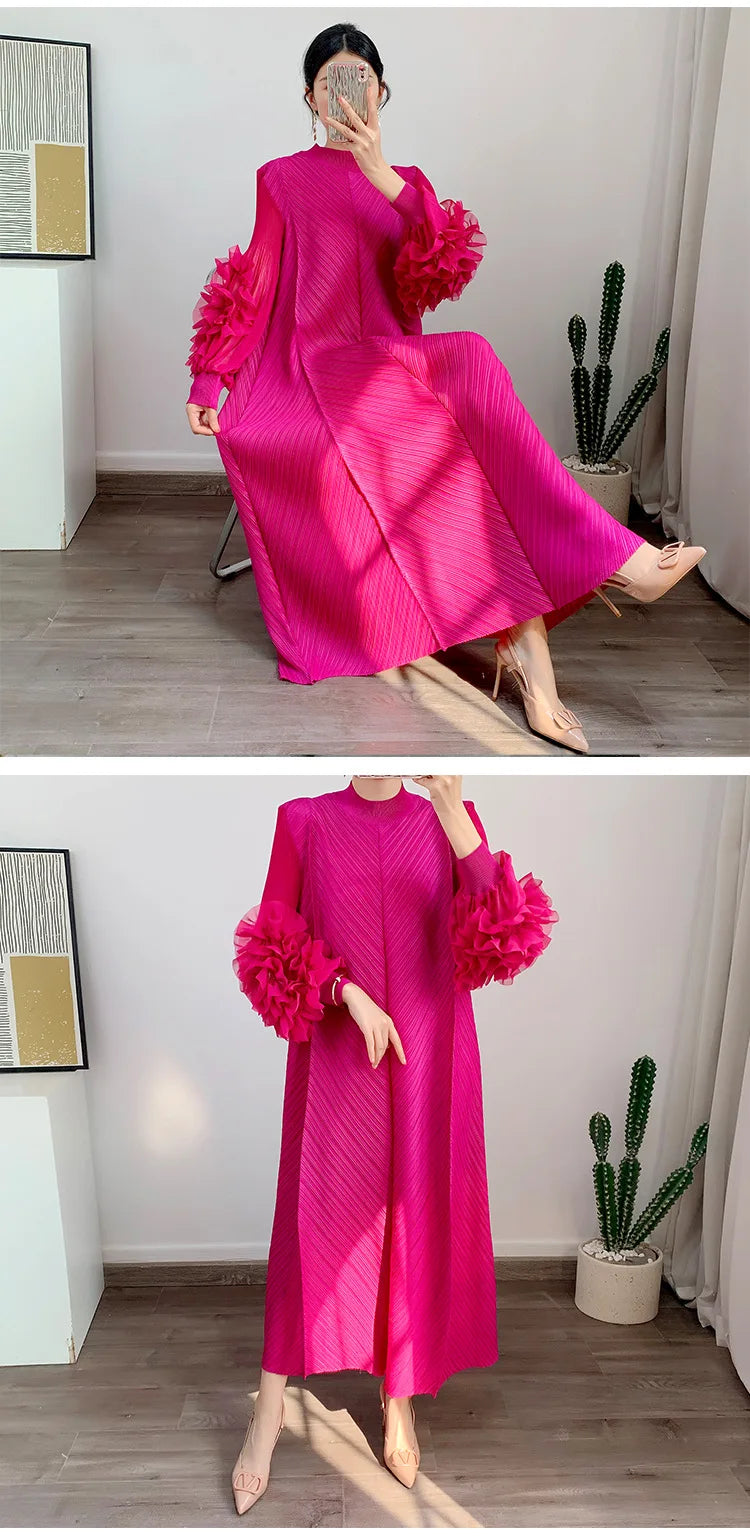 Women Elegant Evening Party Dresses 2025 Summer New Solid Colour Classic Long Sleeve Plate Flower Design Prom Dresses Female