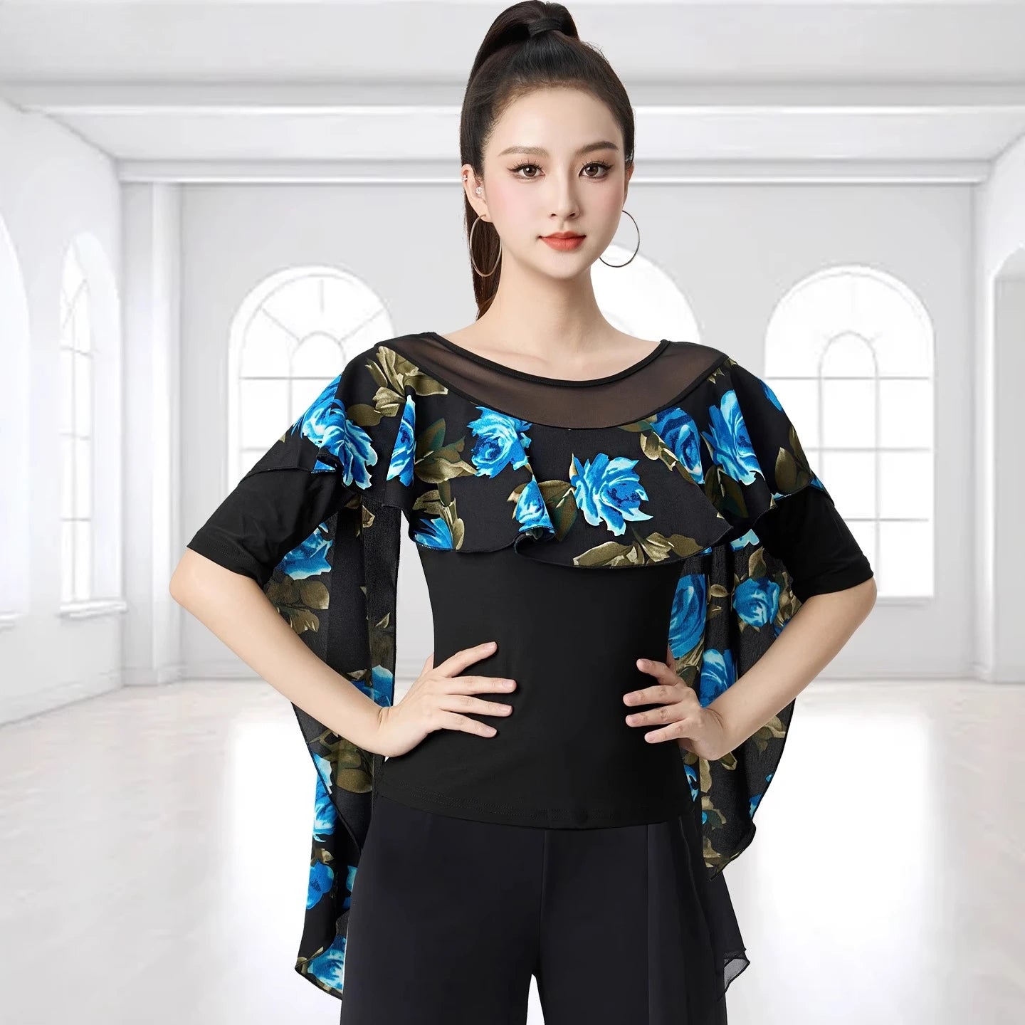 Dancewear Women Tops Summer Fashion Print Latin Line Dance Costume New Products Ballroom Dance Women Top Training Clothes Black