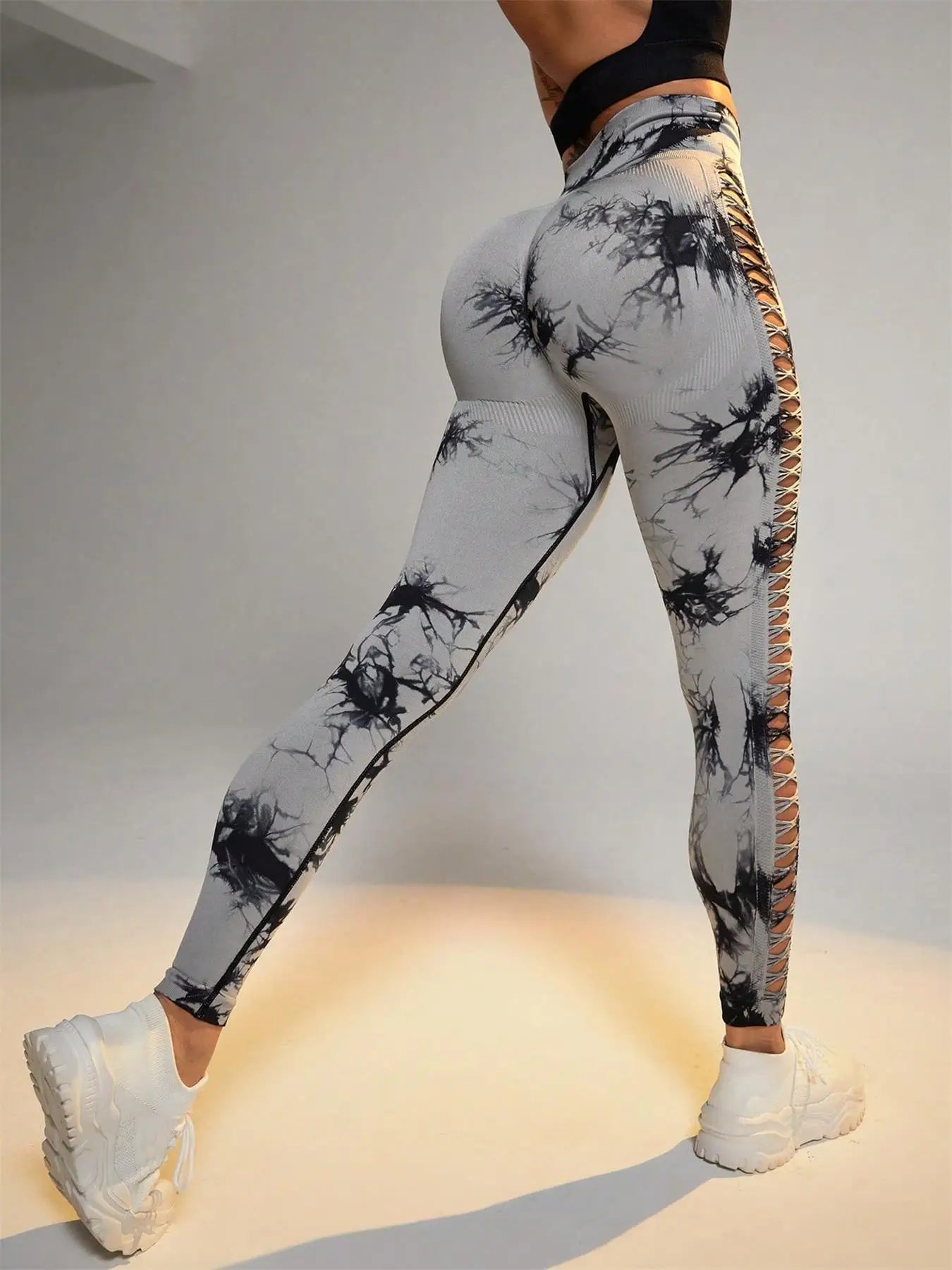 Women's Sporty Tie-Dyed Side-Cut Yoga Pants, Fashionable High-Waisted Hip-Lifting Sports Pants, Seamless Stretch Tight Pants