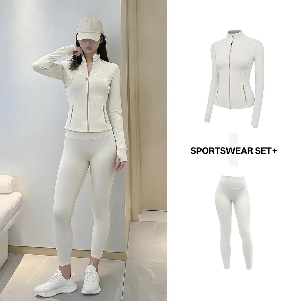 Women's Yoga Set Stand Collar Zip Jacket, Slim Fit Long Sleeve Sports Fitness Yoga Wear