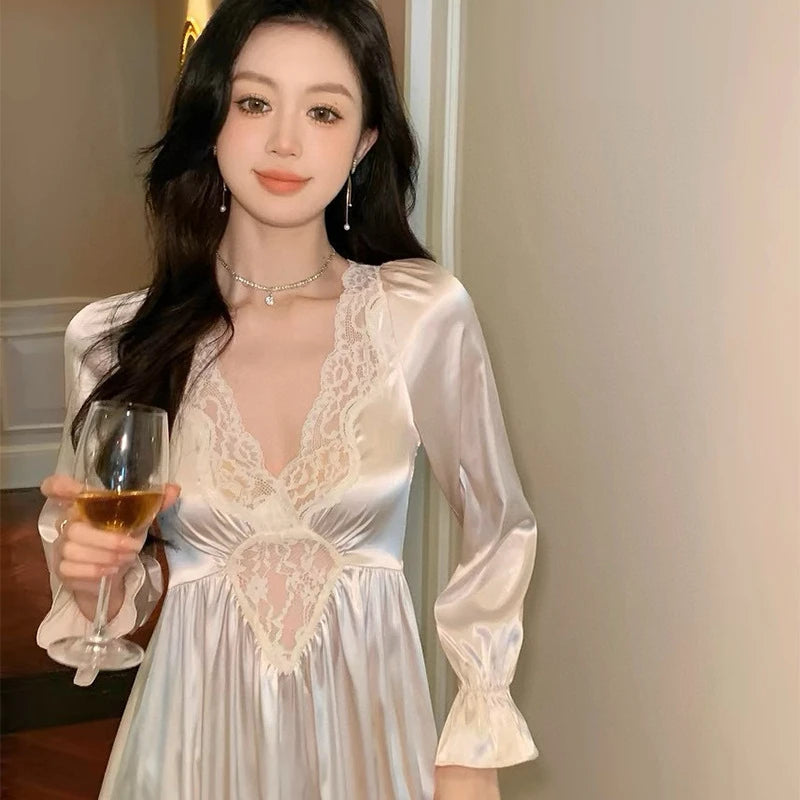 Female Long Nightdress Retro French Court Style Princess Nightgown Sleepwear Spring Summer Loose Rayon Home Clothes Lounge Wear