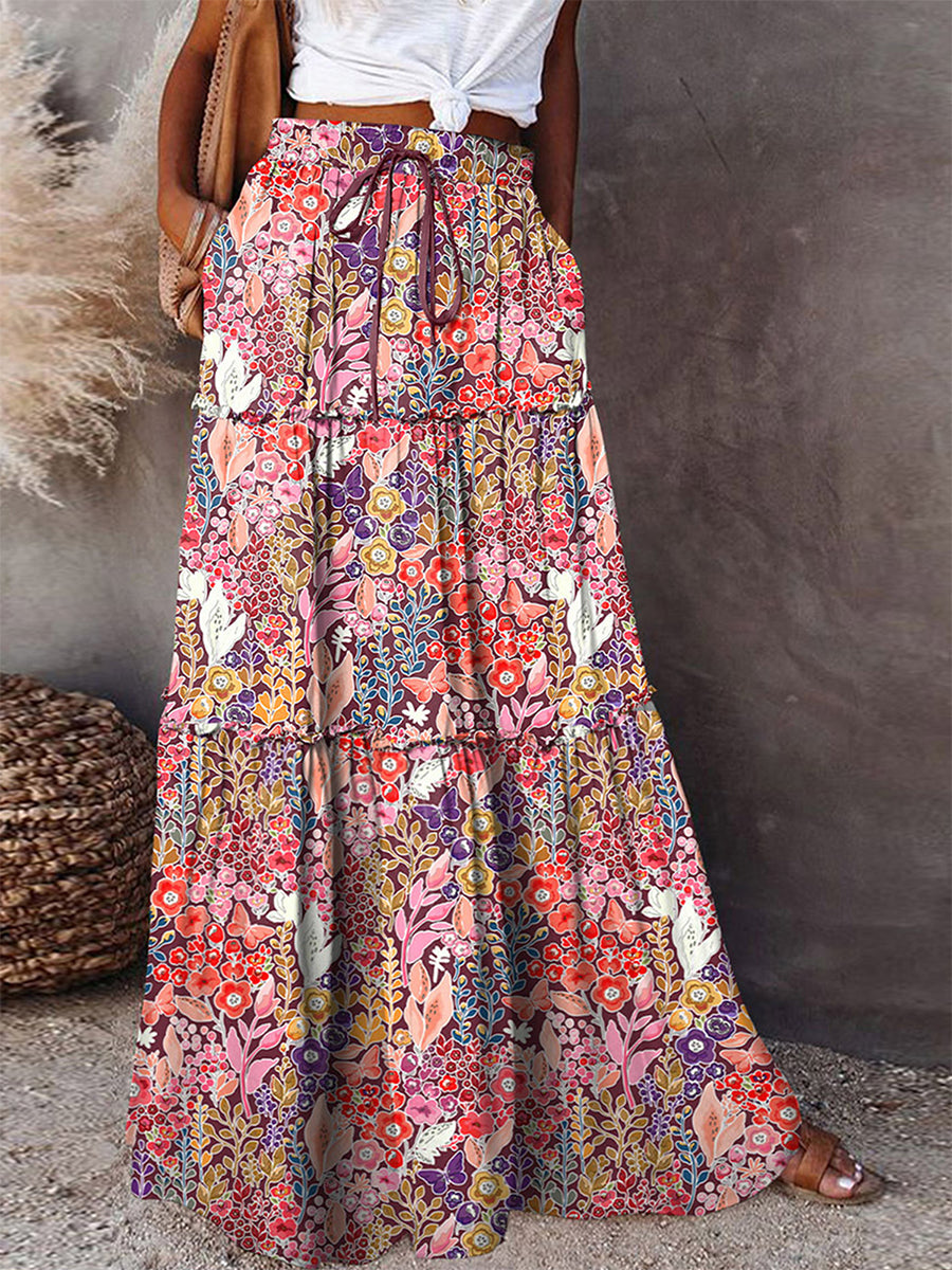 Women's Bohemian Skirts Vintage Elastic High Waist A-Line Skirts Tiered Long Skirts with Pockets